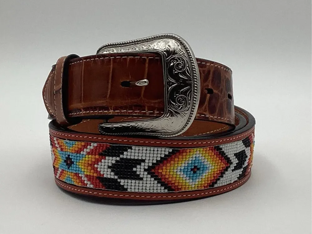 Nocona M&F Western Beaded Alligator Embossed Leather Belt Silver Buckle size 44